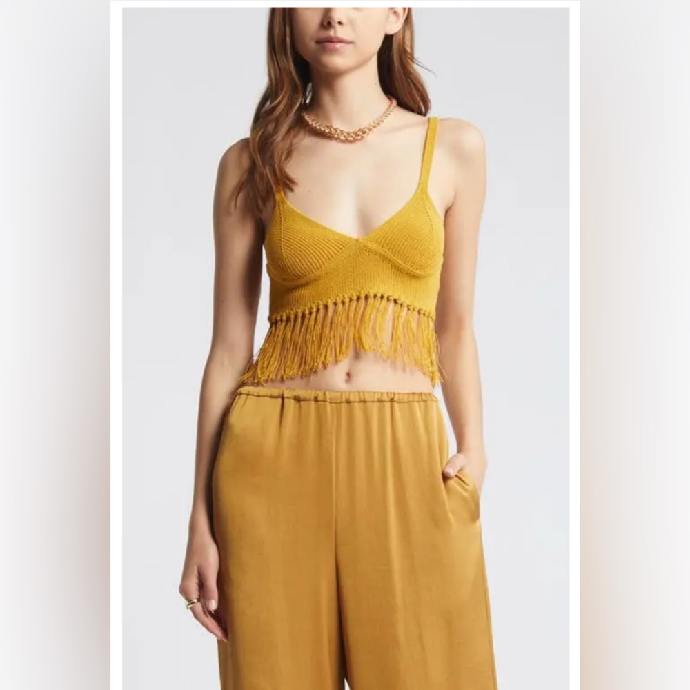 Open edit fringe sweater bralette in yellow harvest